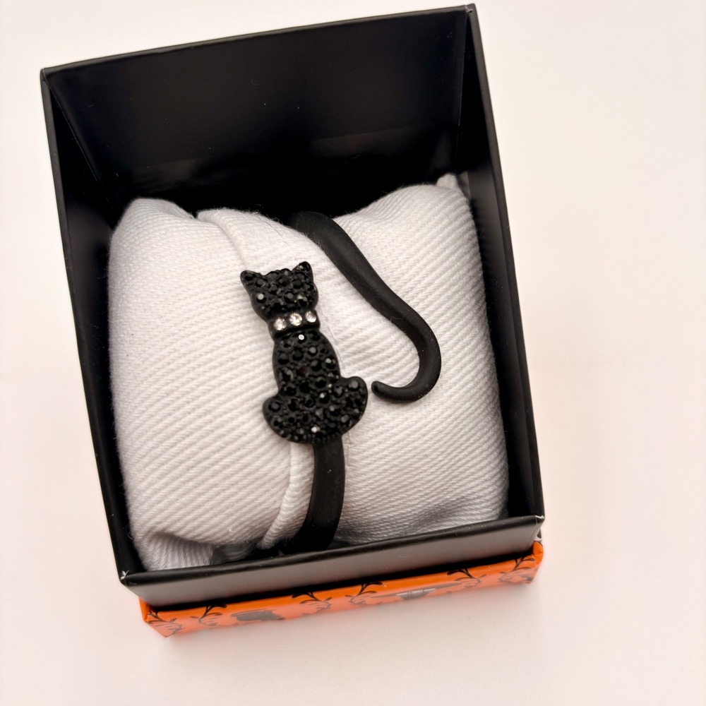 True to Form Black Cat Hinged Cuff Bracelet Pave Crystal Halloween  NWT